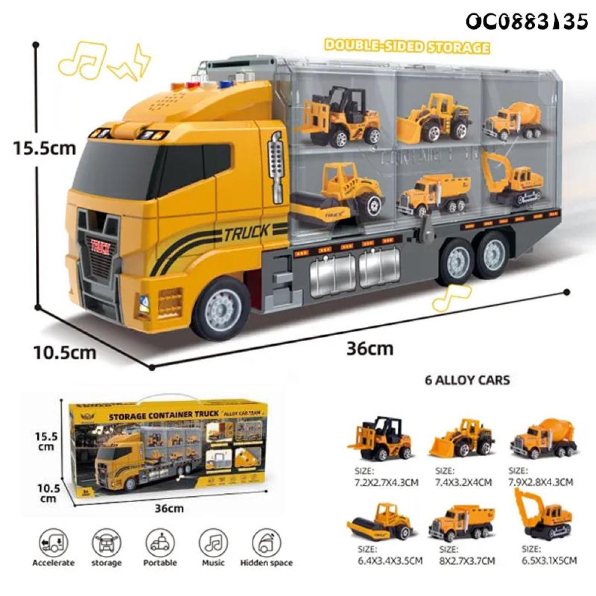 Grand Camion Transporteur de Chantier avec 6 Mini Engins en Métal – Camion Remorque d'Ingénierie pour Enfants